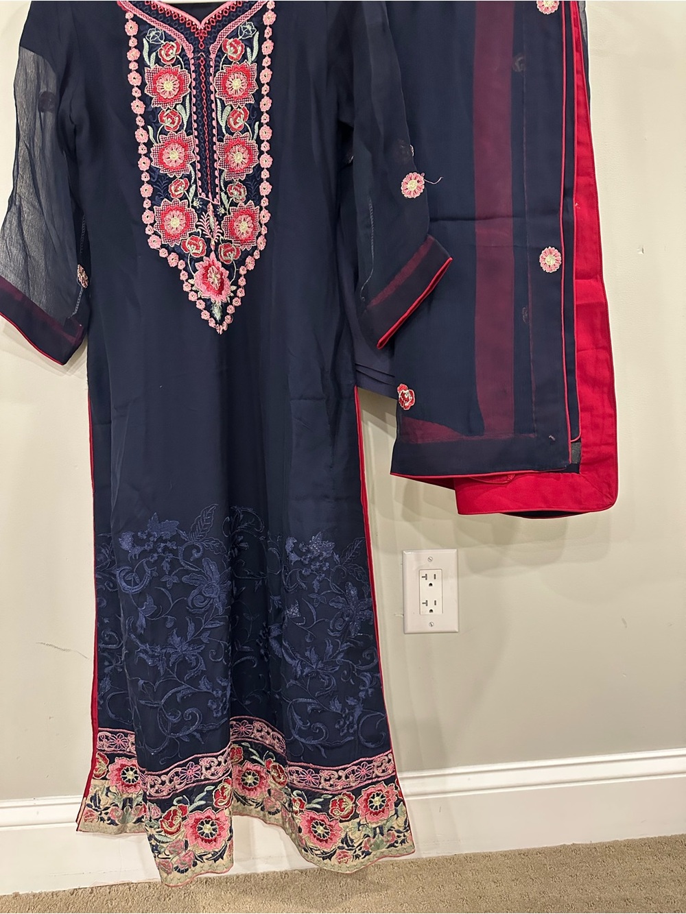 Navy Blue Embroidered Chiffon Dress with Pink and Maroon Accents
